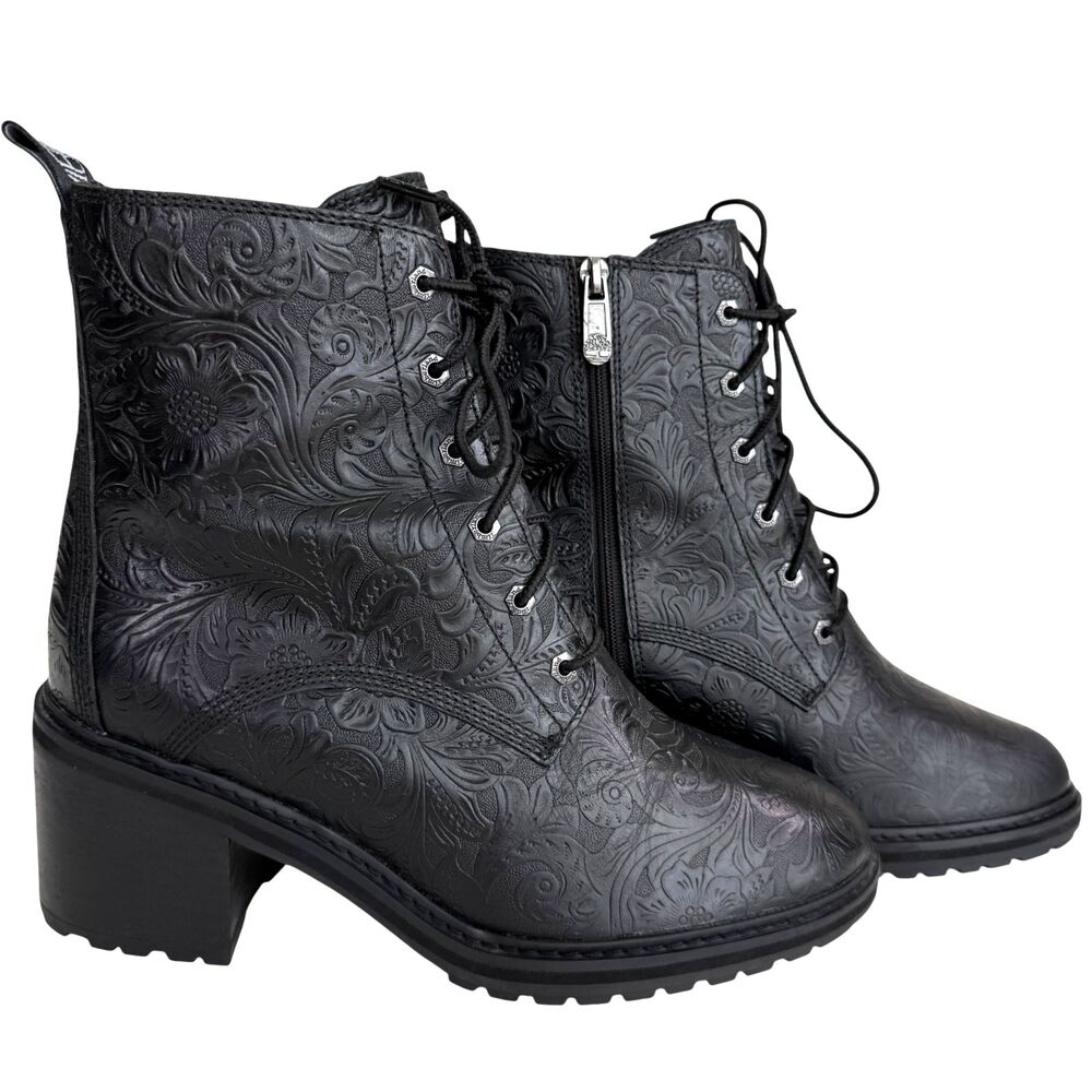 Timberland Sienna High Floral Embossed Womens Leather Black Combat Boot Size 8.5